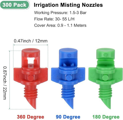 300-Pack Misting Nozzles, 90/180/360 Degree Irrigation Emitter Sprinklers for Garden/Plant/Lawn Water Irrigation System Barbed Refraction Atomizing Dripper [Blue/Green/Red]