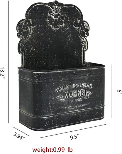 All Chic Set of 2 Metal Hanging Wall Planters Outdoor Indoor Mail Wall Mounted Planter Antique Shabby Chic Wall Decor (Black)