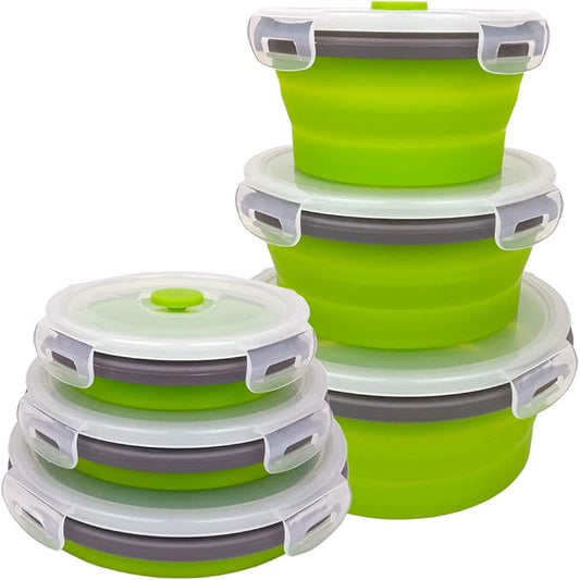 CARTINTS Green Silicone Collapsible Food Storage Containers-Prep/Storage Bowls with Lids - Round Silicone Food Storage Containers - Microwave and Freezer Safe 3Pack