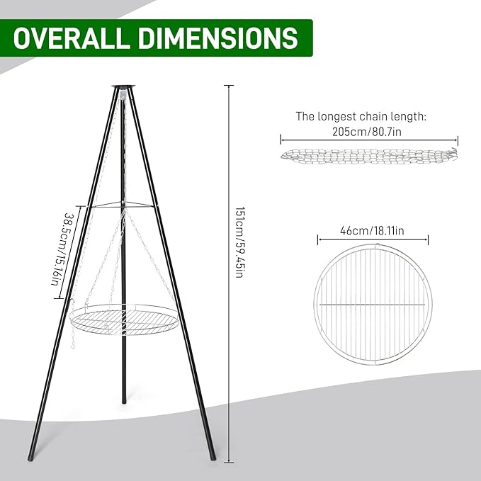 Outvita Campfire Tripod Grill, Adjustable Height BBQ Grill Grate Stainless Steel for Outdoor Camping BBQ, Black