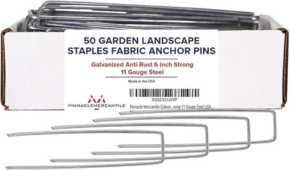 Pinnacle Mercantile USA Made 50 Pack Garden Landscape Staples Weed Barrier Fabric Stakes Galvanized 6 inch Pins Anti Rust Sod Staple 11 Gauge Steel