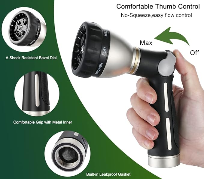 FANHAO Garden Hose Nozzle 100% Heavy Duty Metal, Water Hose Sprayer High Pressure with 8 Spray Patterns, Thumb Control, On Off Valve for Garden Watering, Car and Pet Washing