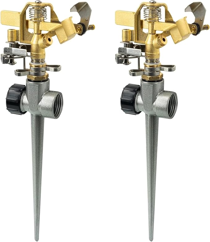 Hourleey 2 Pack Impact Lawn Sprinklers for Yard, Heavy Duty Water Sprinkler Head with Aluminum Alloy Spike Base, Adjustable Pulsating Sprinkler for Large Area Lawn Patio Garden