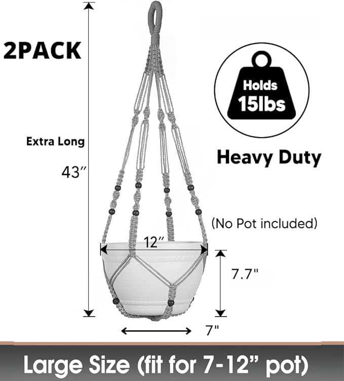 2 Pack 43 Inches Macrame Planter Hanger Large for 12 inch Pot + Swag Hook (Extra Long & Big) | Large Hanging Planter for Indoor Plants | No Tassel, Cotton Rope, No Pot/Plant Included