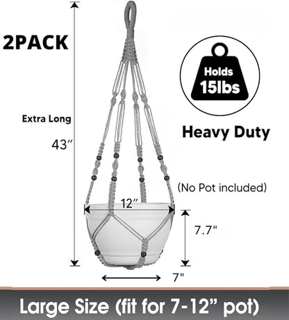 2 Pack 43 Inches Macrame Planter Hanger Large for 12 inch Pot + Swag Hook (Extra Long & Big) | Large Hanging Planter for Indoor Plants | No Tassel, Cotton Rope, No Pot/Plant Included