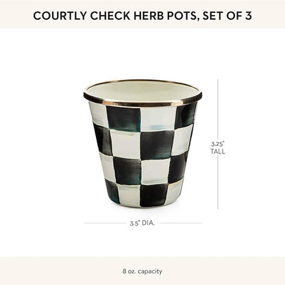 MACKENZIE-CHILDS Enamel Herb Pots, Small Plant Pots for Herbs or Flowers, Set of 3, Black-and-White Courtly Check