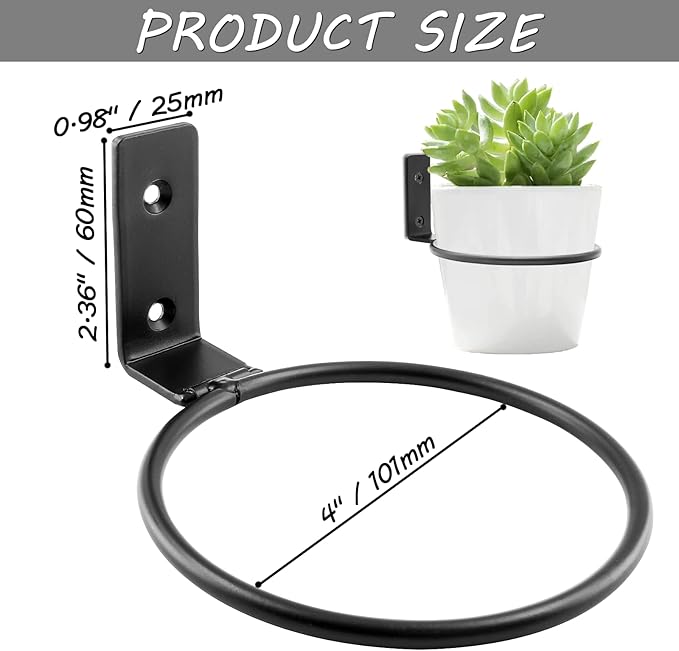 2-Pack 4 inch Flower Pot Holder Ring, Wall Mounted Metal Planter Hanger, Indoor Use, Matte Black, 40 lbs Capacity