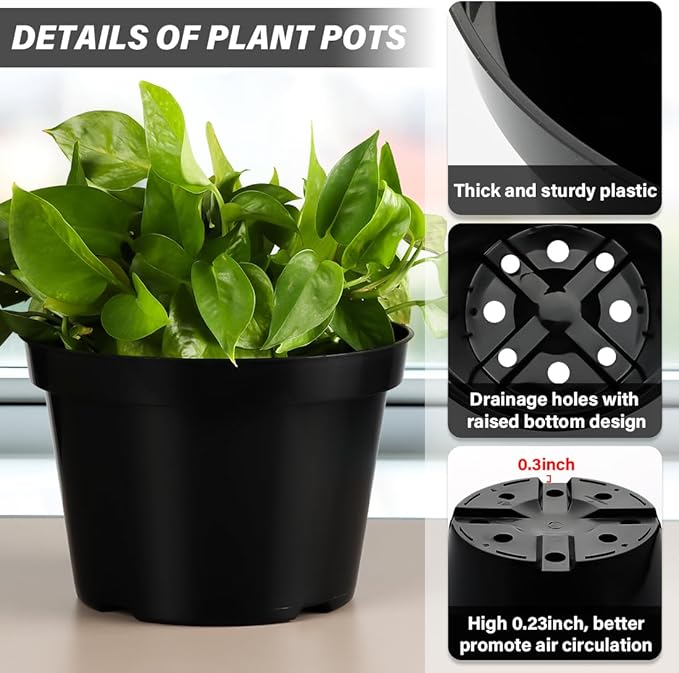BTPLASTIK 8 Inch Plastic Plant Pots, 15 Pack Sturdy Nursery Pot with Drainage Holes, Flower Planter Pots for Indoor Outdoor, Garden Containers Sets for Vegetable Herbs Flowers, Black