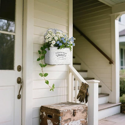 All Chic Set of 2 Metal Hanging Wall Planters Outdoor Indoor Mail Wall Mounted Planter Antique Shabby Chic Wall Decor (White)