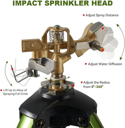 THUNDERBAY Impact Sprinkler on Tripod Base, Heavy-Duty sprinklers Provide 360-degree Spray Coverage Large Yard Garden Lawn Areas, 3/4 Inch Connector Extension Legs Flip Locks with Brass Head, 2 Pack