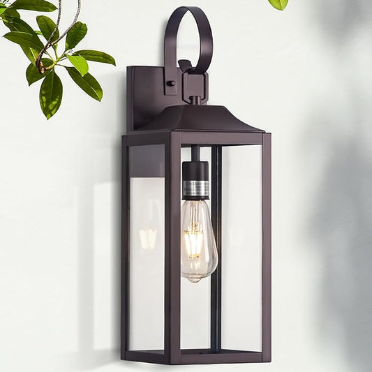 Large Bronze Outdoor Wall Lantern 19", Outside Farmhouse Wall Sconce Light Fixture Oil-Rubbed Bronze, Industrial Wall Mount Light Waterproof, Modern Porch Lighting Exterior Lamp for House