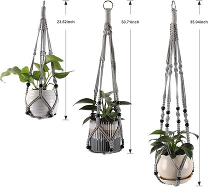 3-Pack Macrame Plant Hanger Indoor - Hanging Planter Basket for Indoor Outdoor - Decorative Boho Plant Holders Set with Beads - Ceiling Flower Pot Holder with 6 Hooks - 35"/30"/24" Gray