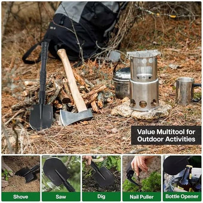 Folding Survival Shovel Multi-Tool, Heavy-Duty Military Entrenching Tool with Pickaxe, Collapsible Spade for Disaster Recovery, Car Emergency, Metal Detecting, Camping, Digging, and Gardening