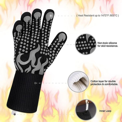Comsmart BBQ Gloves, 1472 Degree F Heat Resistant Grilling Gloves Silicone Non-Slip Oven Gloves Long Kitchen Gloves for Barbecue, Cooking, Baking, Cutting(Gray)