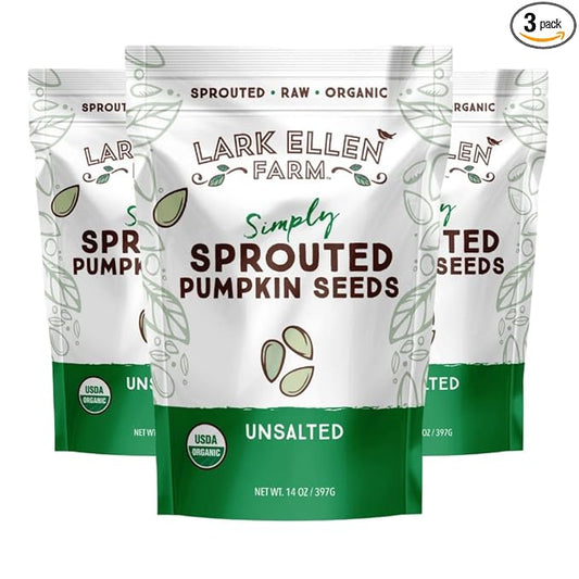 Lark Ellen Farm Sprouted Organic Pumpkin Seeds – Raw, Unsalted, Air-Dried Pepitas for Snacking, Salads, Trail Mix – USDA Organic, Non-GMO, Vegan, Gluten-Free, Resealable Bag (14 oz, 3-Pack)