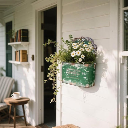 All Chic Set of 2 Metal Hanging Wall Planters Outdoor Indoor Mail Wall Mounted Planter Antique Shabby Chic Wall Decor (Green)