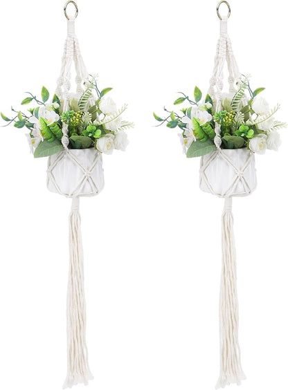 Macrame Plant Hanger, 2 Pack Boho Hanging Planters Baskets with Hooks, Crochet Braided Cotton Rope Flower Pot Holder for Indoor Outdoor Home Decor, No Tassels, Ivory, 20 Inches