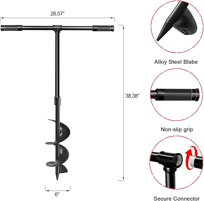 LONGRUN Manual Garden Hole Digging Drill Bit, Hand Drill Auger Post Hole Digger for Planting, Spiral Drill Planter for Bulb, Flower, Tree, Seedlings, Bedding Plants, Umbrella, Fence Holes-6"x 38"