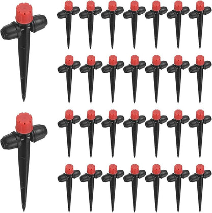 30-Pack Drip Irrigation Emitters Sprayers, Drippers on 5"/13mm Stake Adjustable 360 Degree Water Flow 8 Holes for 1/4" Drip Irrigation Tubing for Watering System [Red, Drip]
