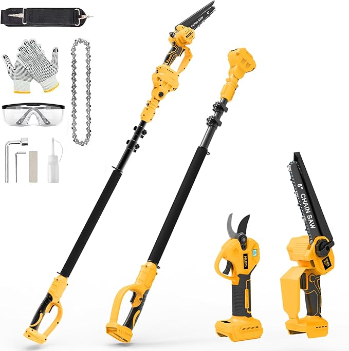 4-in-1 Cordless Pole Saw & Electric Pruning Shears for DeWalt 20V Battery, 8 Inch Brushless Mini Chainsaw with Extension Pole, 15 Ft Reach, Auto Oiling, for Tree Trimmer Branch Cutter(NO Battery)