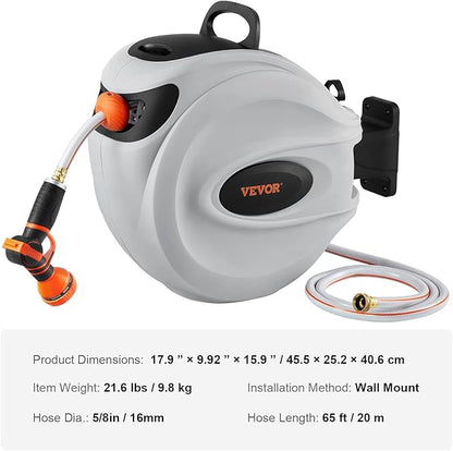 VEVOR Retractable Hose Reel, 65 ft x 5/8 inch, 180° Swivel Bracket Wall-Mounted, Garden Water Hose Reel with 9-Pattern Nozzle, Automatic Rewind, Lock at Any Length, and Slow Return System