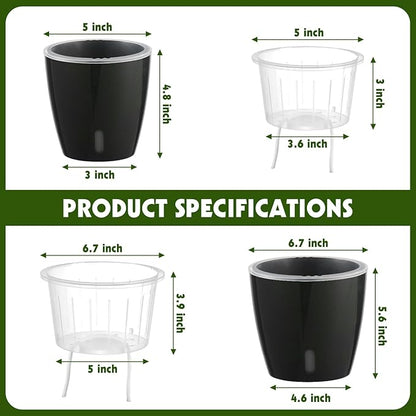 Self Watering Pots for Indoor Plants, 8-Pack 5'' Self Watering Planter with Drainage Holes, Small African Violet Pots with Water Level Indicator, Clear Wick Pot, White/Black