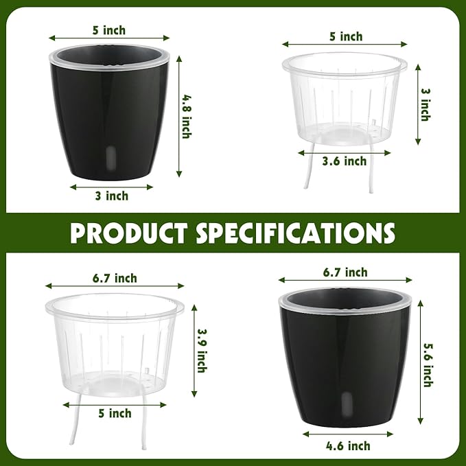 Self Watering Pots for Indoor Plants, 6-Pack 5'' Self Watering Planter with Drainage Holes, Small African Violet Pots with Water Indicator, Clear Wick Orchid Pot, Black