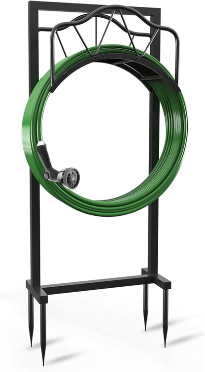 Breeze Touch Garden Hose Holder Freestanding, 4 Spikes Heavy Duty Outdoor Hose Stand, Metal Rack for Yard, Durable Water Hose Storage for outside, Compact Organizer for Garden Use