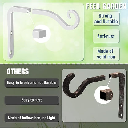 FEED GARDEN Hand-Forged Hanging Plant Bracket Iron Wall Hook for Hanging Plant,Bird Feeders, Wind Chimes, Flower Baskets, Lanterns, Yoga Mat, Indoor/Outdoor Use 6 Inch 2 Pack, White