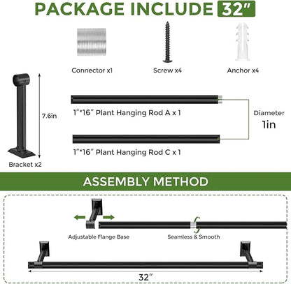 Hanging Planters for Indoor Plants, 32 Inch Heavy Duty Plant Hanger Indoor, 1 Inch Diameter Metal Rod, Hanging Plant Holder for Window Wall, Matte Black, Square Flange Base, Pot Not Included