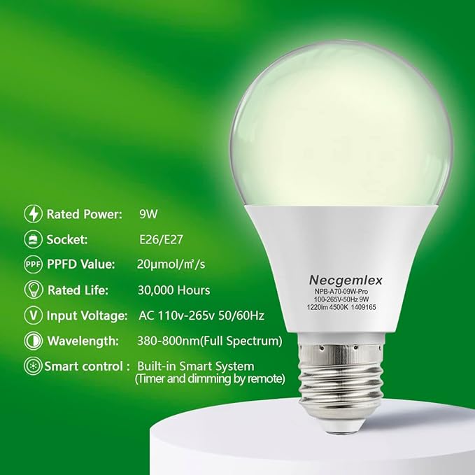 Smart LED Grow Light Bulbs with Remote Controller, Sun Simulation Mode, Built-in Auto Timer, A21/A70 E26/E27 9W Dimmable Full Spectrum Intelligent Plant Grow Bulbs for Indoor Plants, 4 Pack