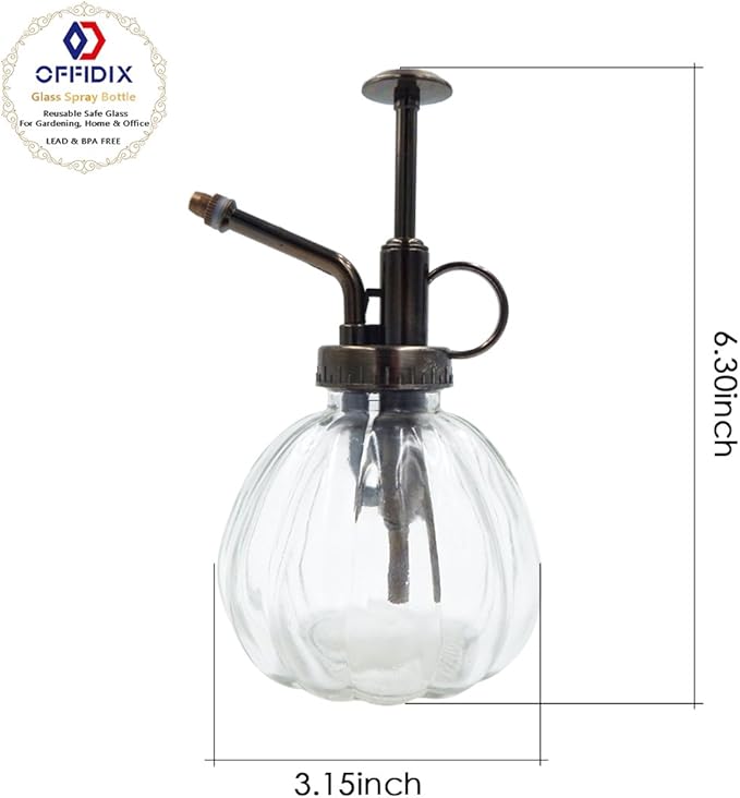 OFFIDIX Transparent Glass Watering Spray Bottle, 6.3 Inches Tall Vintage Style with Bronze Plastic Top Pump One Hand Plant Mister Glass Watering Can Indoor