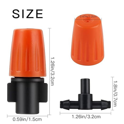 MSDADA 100pcs Micro Spray Adjustable Flow Irrigation Drippers, Garden Adjustable Sprinkler drip Irrigation Mister Heads with 3 Tee Irrigation Misting Drip Kit (Orange)