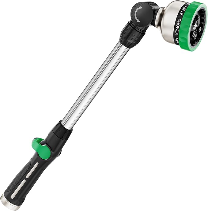 FANHAO Metal Garden Hose Wand, 16-Inch Heavy Duty Watering Wand with 9 Spray Patterns, 180° Rotating Long Garden Hose Nozzle Thumb Flow Control, Ideal to Water Hanging Baskets and Shrubs -Green