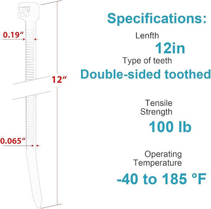12 Inch Zip Ties Double Sided Toothed (Bulk 1000 Pack),100 LBS Tensile Strength Heavy Duty Cable Wire Ties With Self-Locking Adjustable More Durable Nylon Tie Wraps for Indoor Outdoor