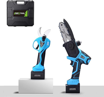 SUCA Electric Pruning Shears Pruning Shears Pruning Shears Tree Pruner Branch Cutter Pruners for Gardening with 2pcs 2Ah Lithium Battery 4-7 Working Hours Tree Branch Pruner (blue28mm+chainsaw)