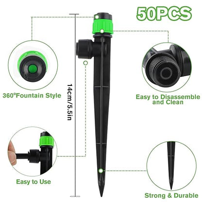 Kalolary Drip Irrigation Emitters, 50PCS Adjustable 360 Degree Water Flow Drippers Emitters for 1/4" Drip Irrigation System Tubing, Garden Irrigation Drippers for House Flower beds(Medium Green)