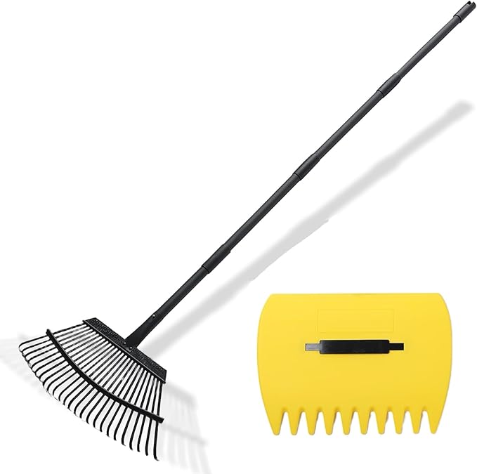 Rake with Leaf Scoops Garden Leaf 25 Tines Lawn Leveling Tool, Heavy Duty 64.1 Inch Adjustable Handle Metal Rake for Picking Leaves Grass Garbage, Black