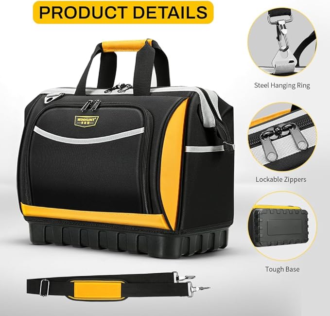Large Tool Bag, Professional Tool Tote Hard Bottom, Multi-Pocket Storage with Shoulder Strap, Black and Yellow (Yellow & Black, 18 inch)