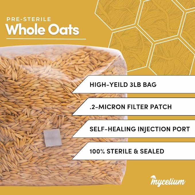 Mycelium 3 lb Whole Oats Grain Spawn for Mushroom Cultivation | Sterilized Nutrient-Rich Bag with Self-Healing Injection Port – Ideal for Rapid Mycelium Colonization | Ready to Inoculate | Made in USA