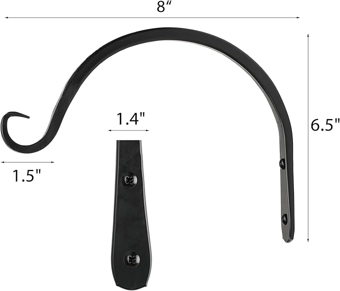 Worth Garden 6-Pack 8" Plant Hanger Bracket - Hand-Forged Wrought Iron Powder-Coated Heavy Duty Wall Hooks - Black Curved Plant Hanging Hooks for Bird Feeders, Flower Baskets, Indoor & Outdoor Use