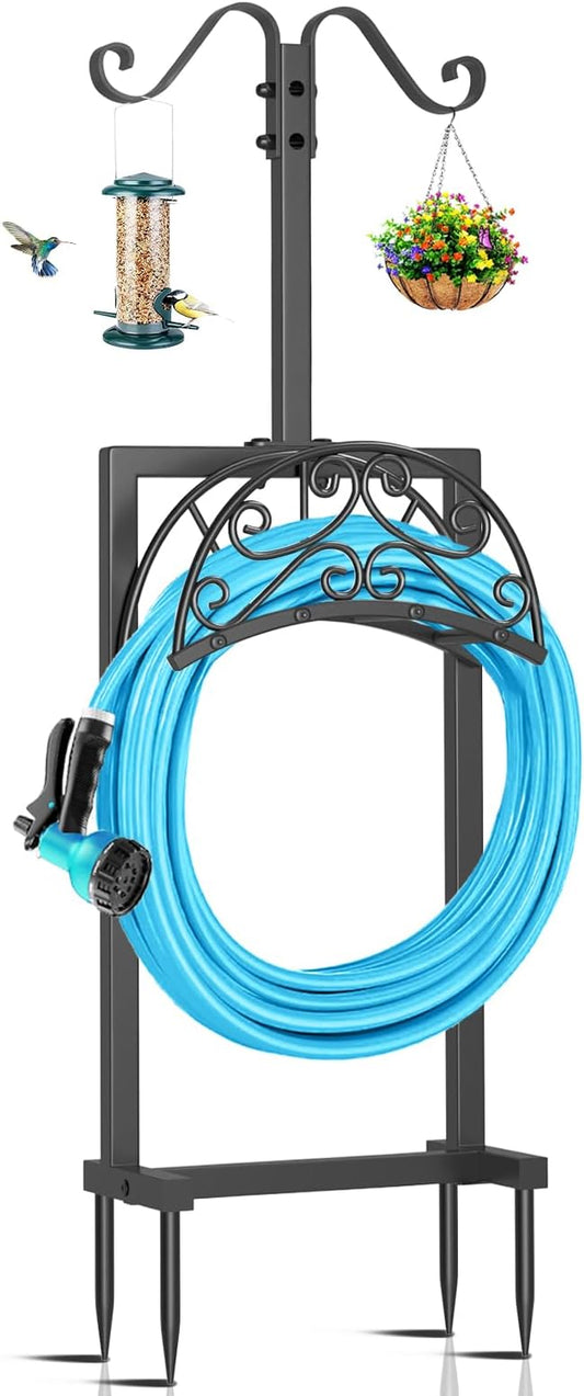 Garden Hose Holder Hanger Freestanding, Upgraded 4 Spikes Heavy Duty Storage Reel Stand with Shepherds Hooks, Holds 150ft Hose for Outside Garden Yard Lawn vegetable patch