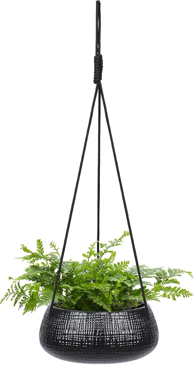 8 Inch Hanging Planters for Indoor Plants - Small Hanging Flower Pots with Drainage Holes Round Ceramics Hanging Plant Pots Black