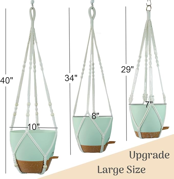 Larege Hanging Planters with Macrame Plant Hangers for Indoor Outdoor Plants 3 Set 10" / 8" / 7" Self Watering Pots Hanging Baskets Flower Pot Holders 3 Different Size Green Large
