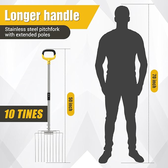Pitchfork for Gardening, 50" Multifunctional Stainless Steel Garden Pitchfork with Handle, Suitable for Shoveling, Fertilizing, Transplanting, Mulching Garden Fork - 10 Tines