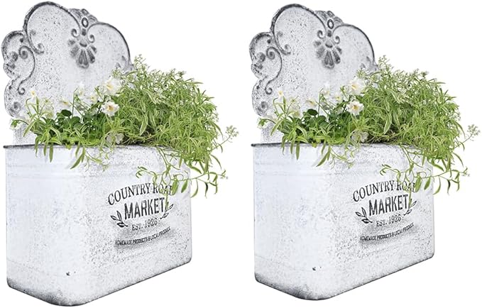 All Chic Set of 2 Metal Hanging Wall Planters Outdoor Indoor Mail Wall Mounted Planter Antique Shabby Chic Wall Decor (White)
