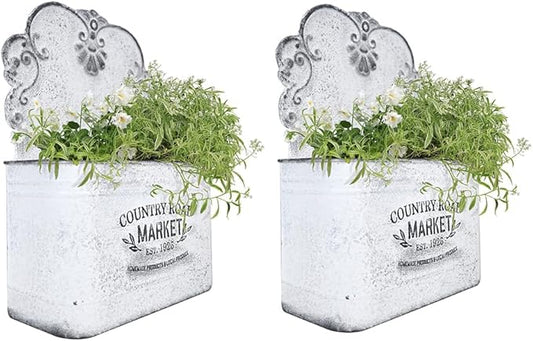 All Chic Set of 2 Metal Hanging Wall Planters Outdoor Indoor Mail Wall Mounted Planter Antique Shabby Chic Wall Decor (White)