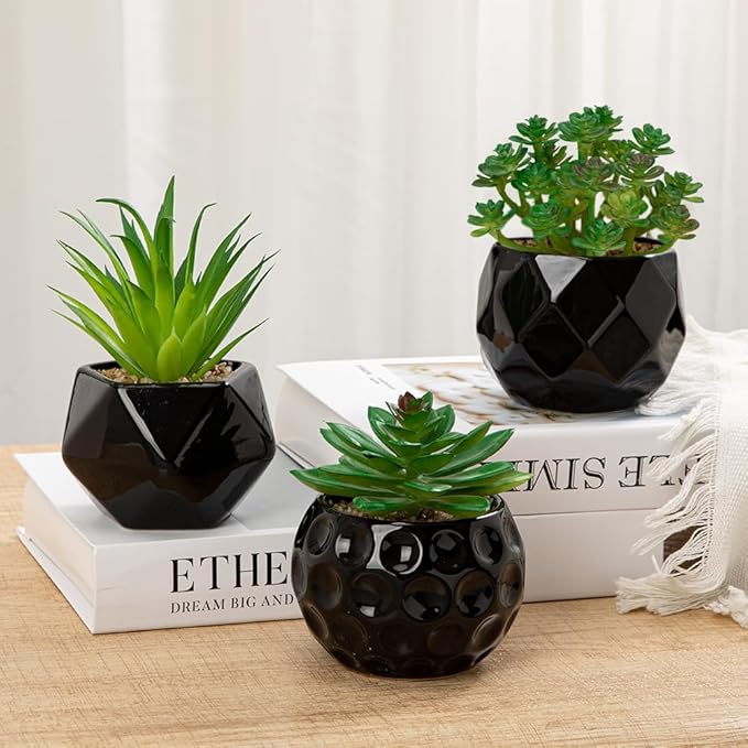 Briful Artificial Succulents Plants in Ceramic Pots, 3 Pack Faux Succulent Set with Black Geometric Planters – Modern Desk Decor for Home Office Shelf Bathroom, Small Fake Plants Potted
