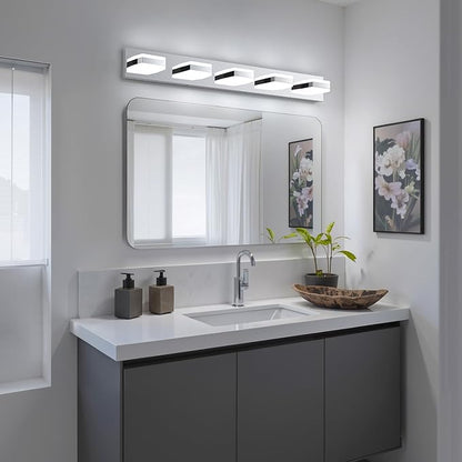 Bathroom Lighting Fixtures Over Mirror, 5 Light Bathroom Vanity Light Fixtures with Cool White 5000K, Silver LED Modern Vanity Wall Lights for Bath, Dressing Room, Restroom, 37.4 inch