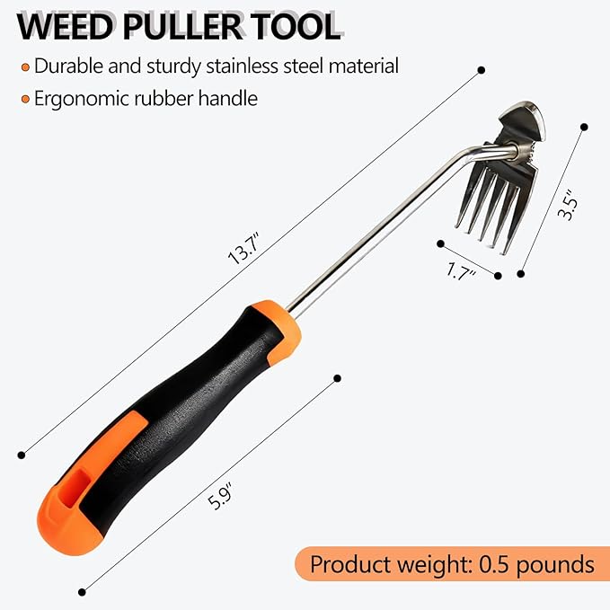 Weed Puller Tool，2025 Newly Weeder Stainless Steel Hand Weed Puller,Portable 5 Teeth Weed Remover Tool Weeding Tools for Gardening Vegetable Backyard Farm Planting & Uprooting (Rubber Handle)